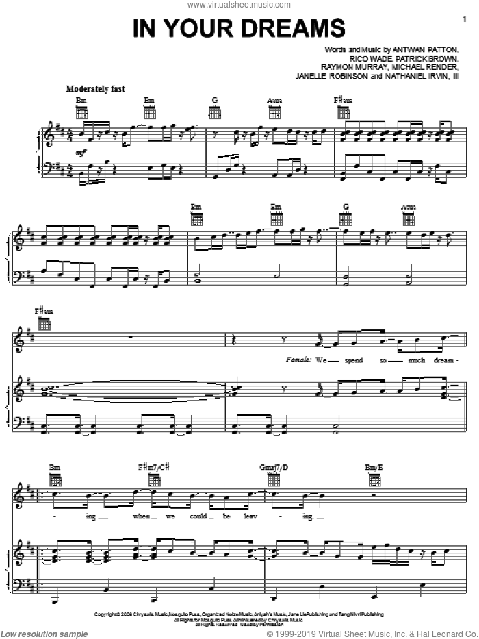 In Your Dreams sheet music for voice, piano or guitar by OutKast, Antwan Patton, Janelle Robinson, Michael Render, Nathaniel Irvin, Patrick Brown, Raymon Murray and Rico Wade, intermediate skill level