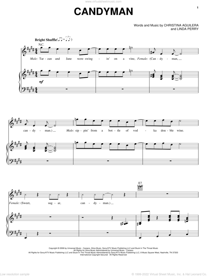 Candyman sheet music for voice, piano or guitar by Christina Aguilera and Linda Perry, intermediate skill level