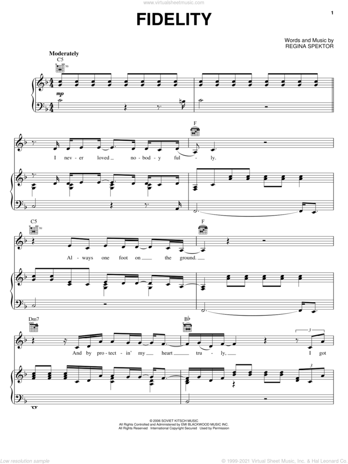 Fidelity sheet music for voice, piano or guitar by Regina Spektor, intermediate skill level