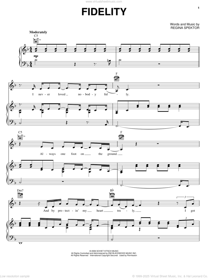 Fidelity sheet music for voice, piano or guitar by Regina Spektor, intermediate skill level