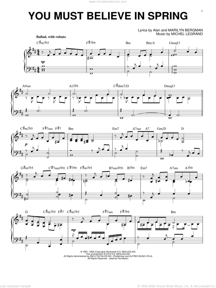 You Must Believe In Spring [Jazz version] (arr. Brent Edstrom) sheet music for piano solo by Michel LeGrand, Alan Bergman and Marilyn Bergman, intermediate skill level