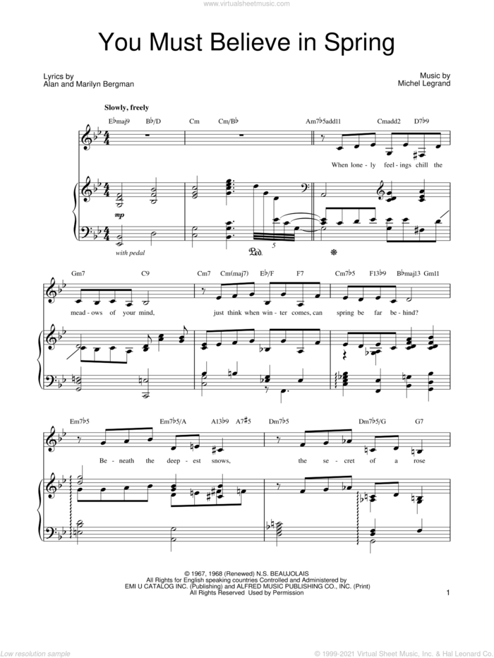 You Must Believe In Spring sheet music for voice, piano or guitar by Michel LeGrand, Barbra Streisand, Alan Bergman and Marilyn Bergman, intermediate skill level