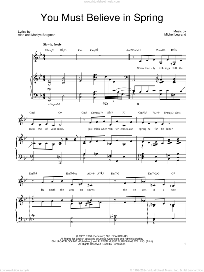 You Must Believe In Spring sheet music for voice, piano or guitar by Michel LeGrand, Barbra Streisand, Alan Bergman and Marilyn Bergman, intermediate skill level