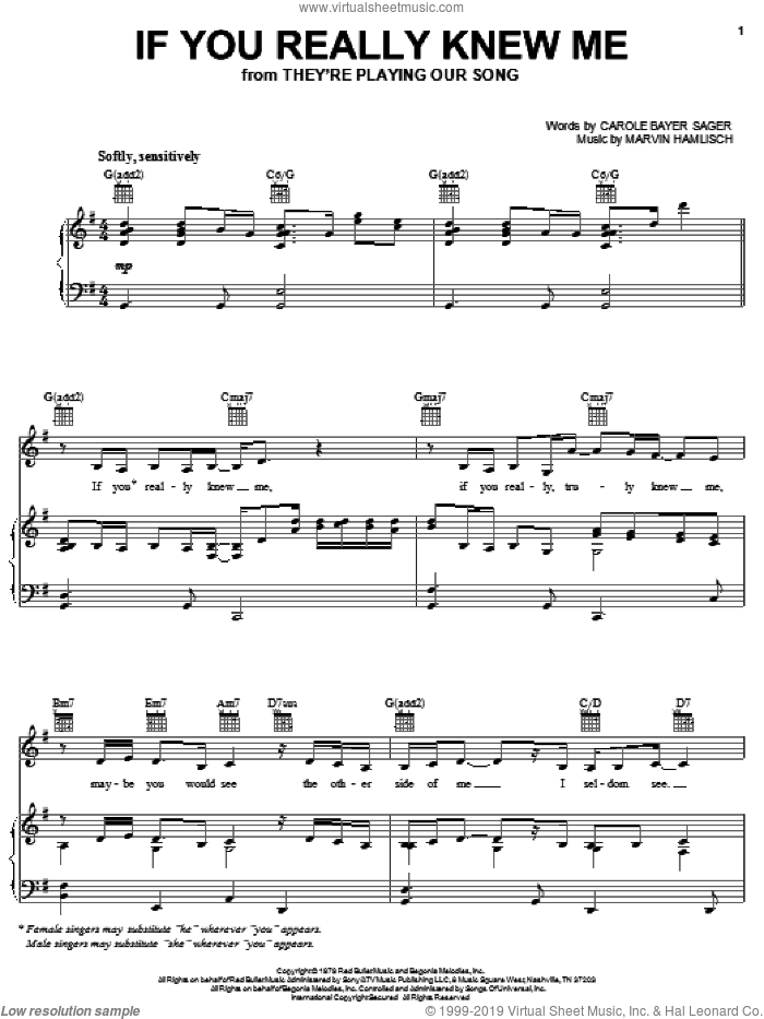 If You Really Knew Me sheet music for voice, piano or guitar by Marvin Hamlisch and Carole Bayer Sager, intermediate skill level