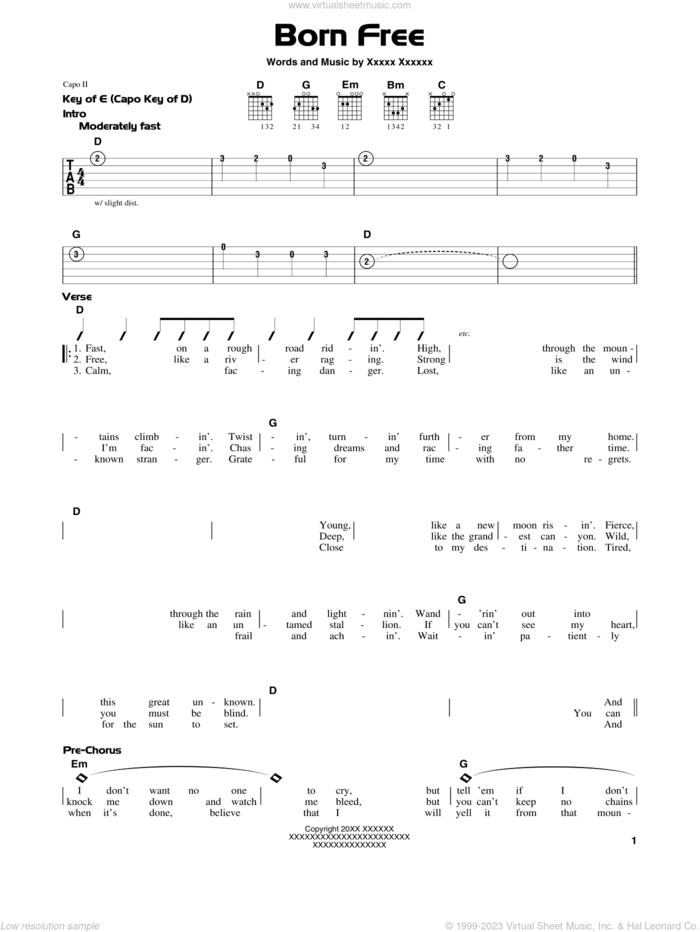 Born Free sheet music for guitar solo (lead sheet) by Kid Rock, Marlon Ray Young and Robert Ritchie, intermediate guitar (lead sheet)