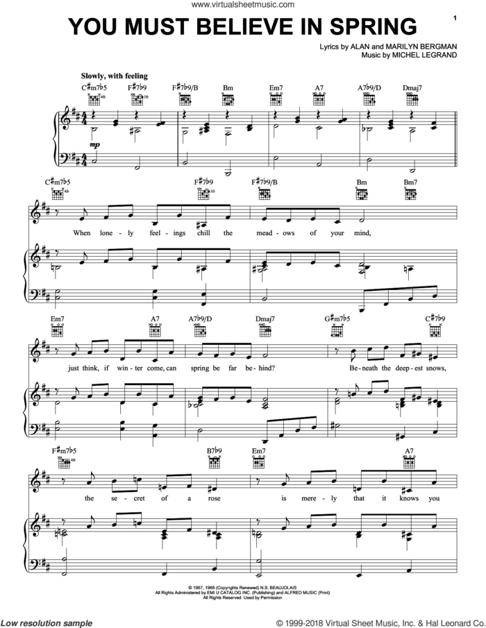 You Must Believe In Spring sheet music for voice, piano or guitar by Michel LeGrand, Alan Bergman and Marilyn Bergman, intermediate skill level