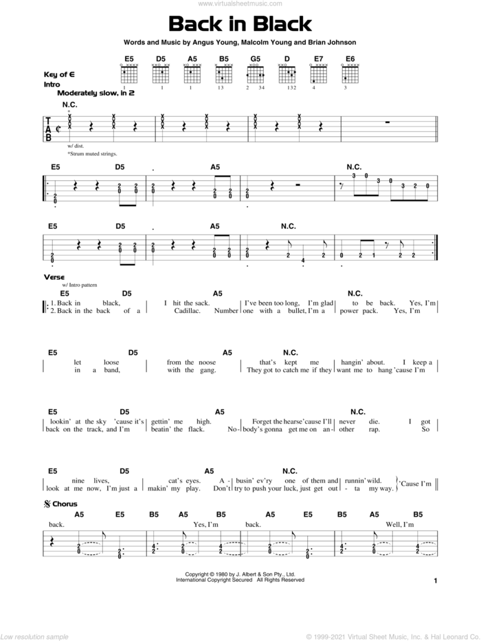 Back In Black sheet music for guitar solo (lead sheet) by AC/DC, Angus Young, Brian Johnson and Malcolm Young, intermediate guitar (lead sheet)