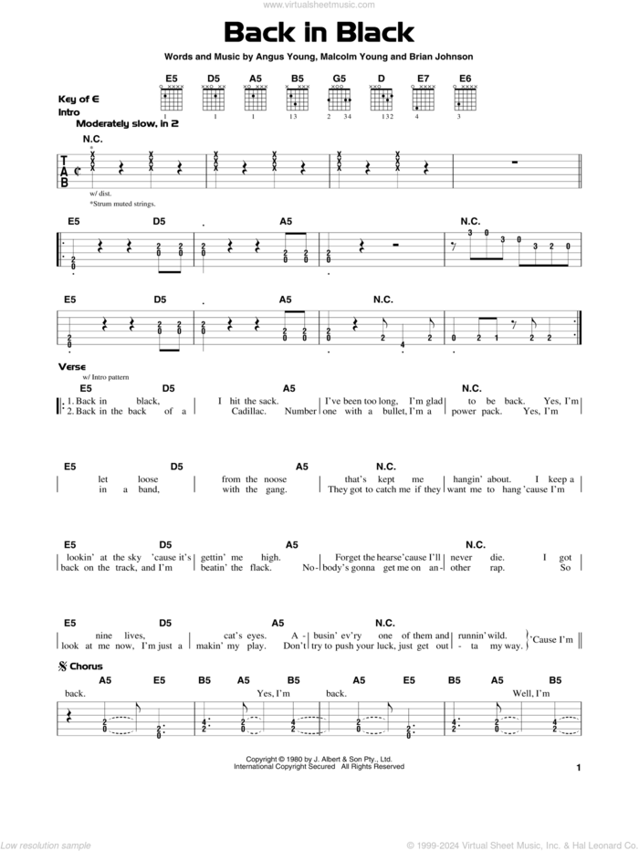 Back In Black sheet music for guitar solo (lead sheet) by AC/DC, Angus Young, Brian Johnson and Malcolm Young, intermediate guitar (lead sheet)