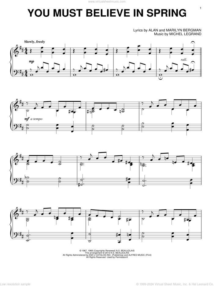 You Must Believe In Spring sheet music for piano solo by Michel LeGrand, Alan Bergman and Marilyn Bergman, intermediate skill level