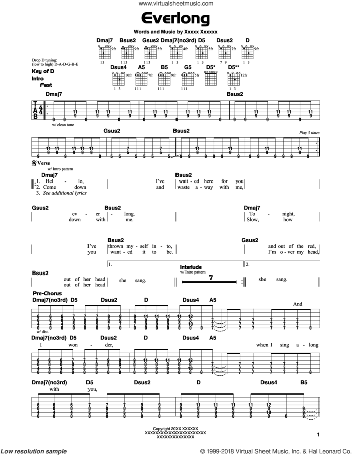 Everlong sheet music for guitar solo (lead sheet) by Foo Fighters and Dave Grohl, intermediate guitar (lead sheet)