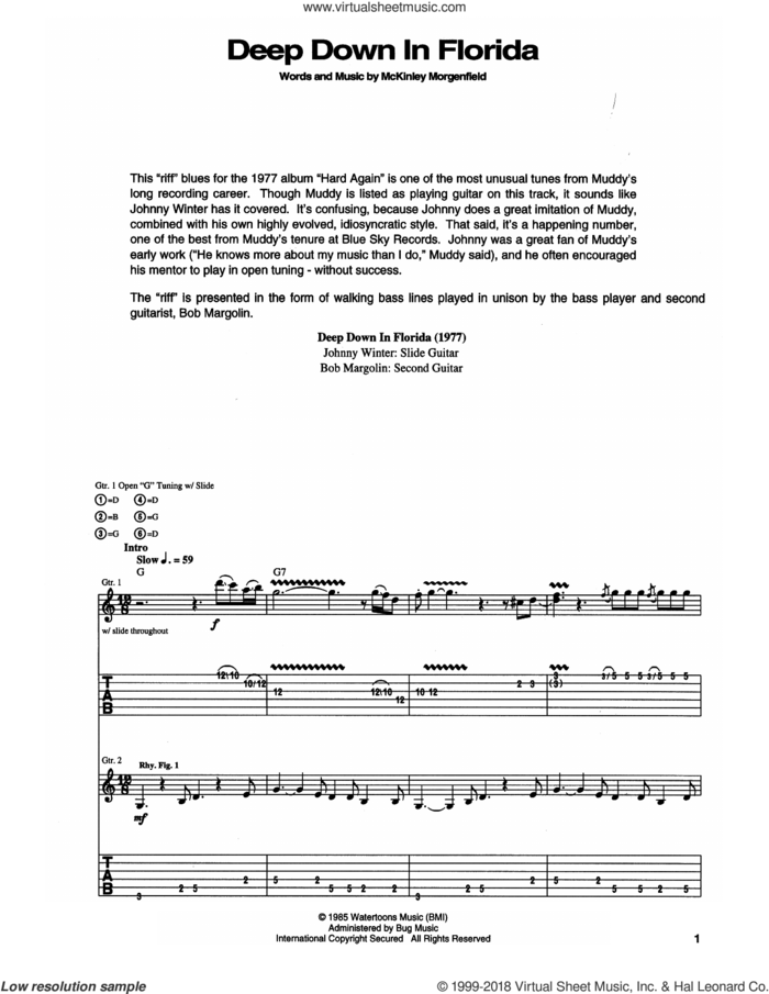 Deep Down In Florida sheet music for guitar (tablature) by Muddy Waters and McKinley Morganfield, intermediate skill level