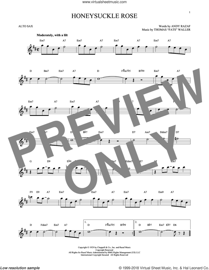 Honeysuckle Rose sheet music for alto saxophone solo by Andy Razaf, Django Reinhardt and Thomas Waller, intermediate skill level