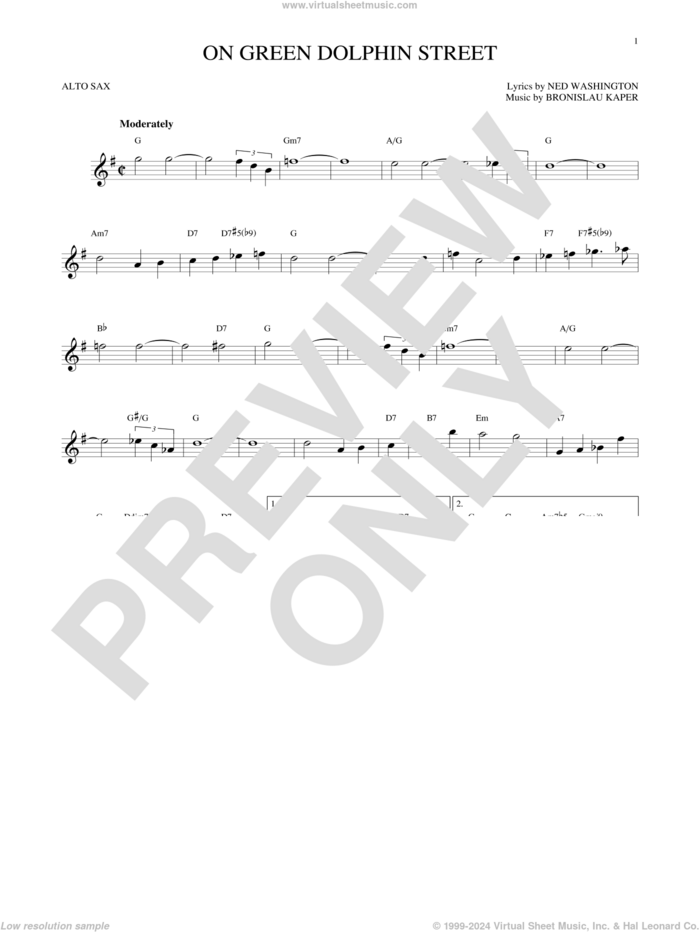 On Green Dolphin Street sheet music for alto saxophone solo by Ned Washington and Bronislau Kaper, intermediate skill level