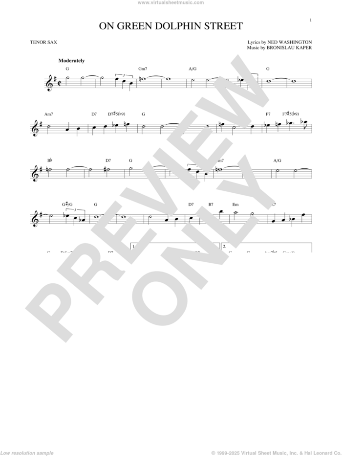 On Green Dolphin Street sheet music for tenor saxophone solo by Ned Washington and Bronislau Kaper, intermediate skill level