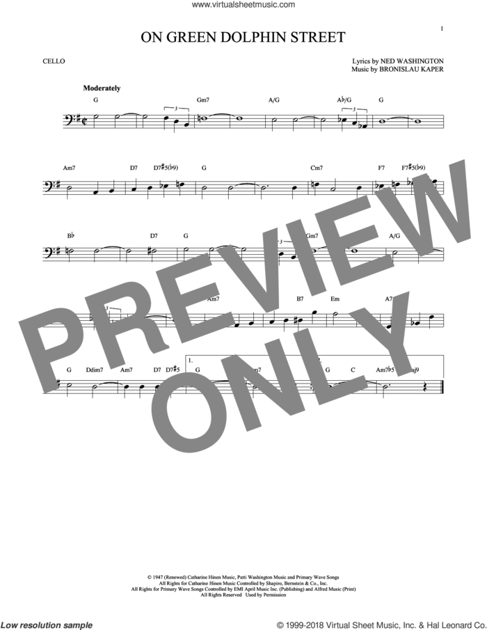 On Green Dolphin Street sheet music for cello solo by Ned Washington and Bronislau Kaper, intermediate skill level