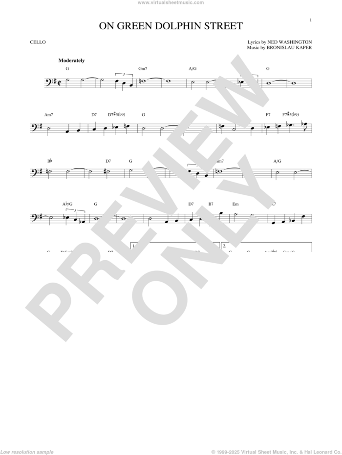 On Green Dolphin Street sheet music for cello solo by Ned Washington and Bronislau Kaper, intermediate skill level