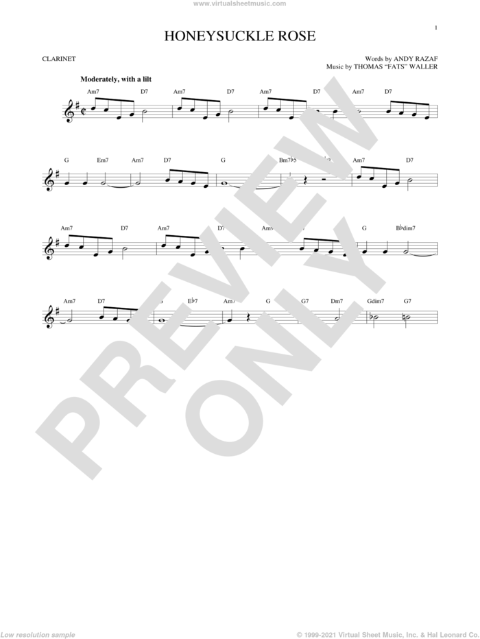 Honeysuckle Rose sheet music for clarinet solo by Andy Razaf, Django Reinhardt and Thomas Waller, intermediate skill level