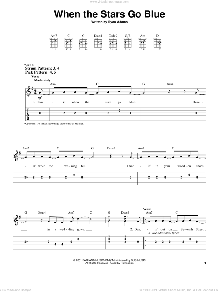 When The Stars Go Blue sheet music for guitar solo (easy tablature) by Tim McGraw and Ryan Adams, easy guitar (easy tablature)