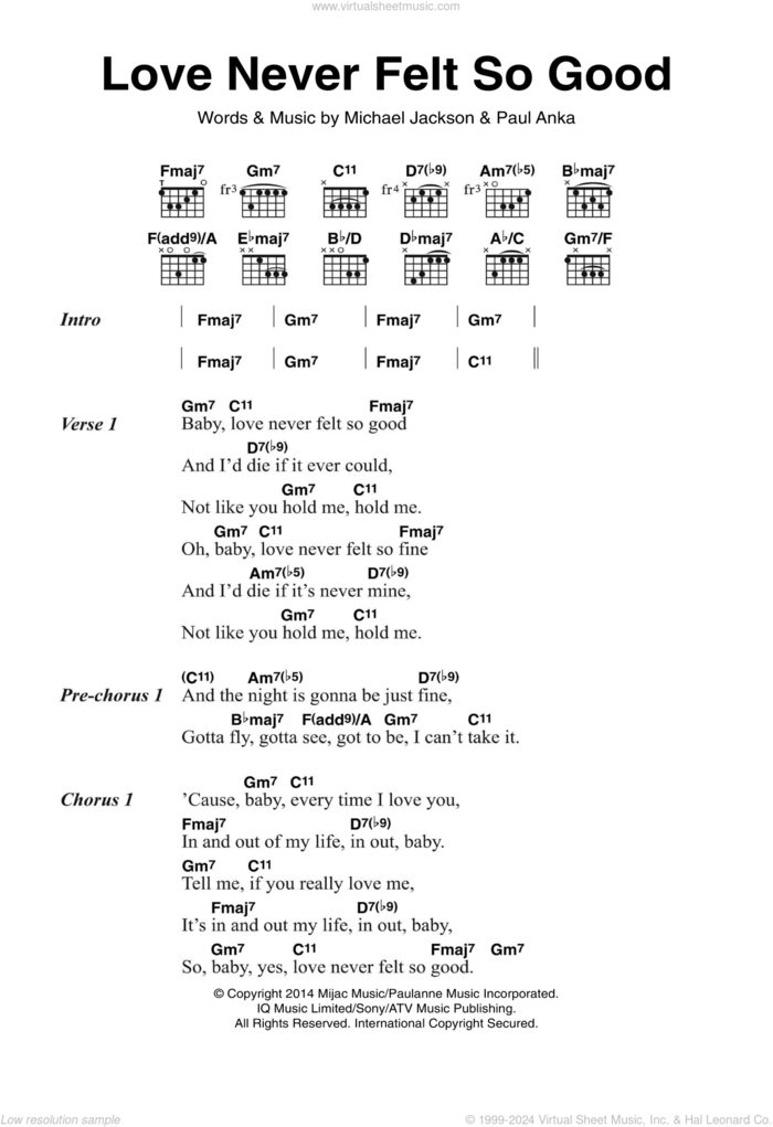 Love Never Felt So Good sheet music for guitar (chords) by Michael Jackson and Paul Anka, intermediate skill level