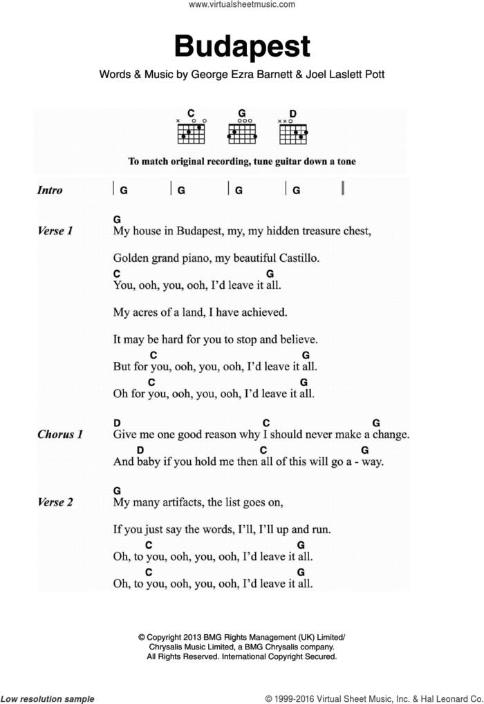 Budapest sheet music for guitar (chords) by George Ezra, George Ezra Barnett and Joel Laslett Pott, intermediate skill level