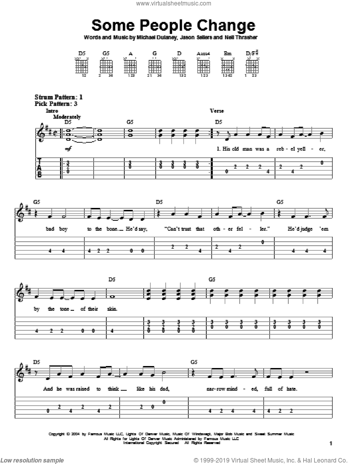 Some People Change sheet music for guitar solo (easy tablature) by Kenny Chesney, Montgomery Gentry, Jason Sellers, Michael Dulaney and Neil Thrasher, easy guitar (easy tablature)