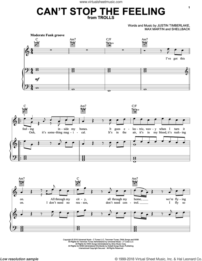 Can't Stop The Feeling sheet music for voice, piano or guitar plus backing track by Justin Timberlake, Johan Schuster, Max Martin and Shellback, intermediate skill level