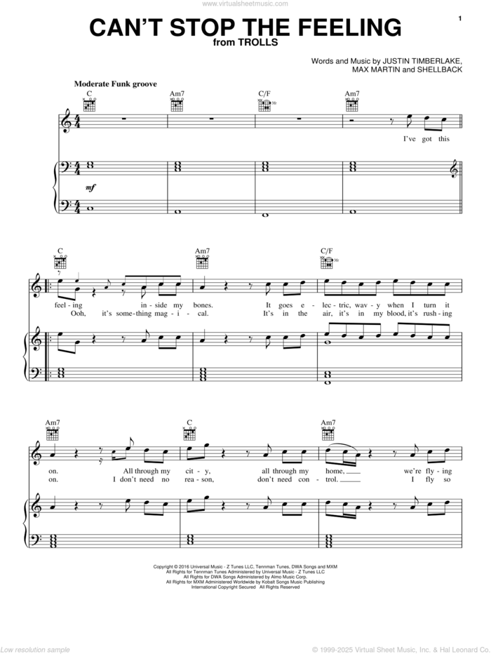 Can't Stop The Feeling sheet music for voice, piano or guitar plus backing track by Justin Timberlake, Johan Schuster, Max Martin and Shellback, intermediate skill level