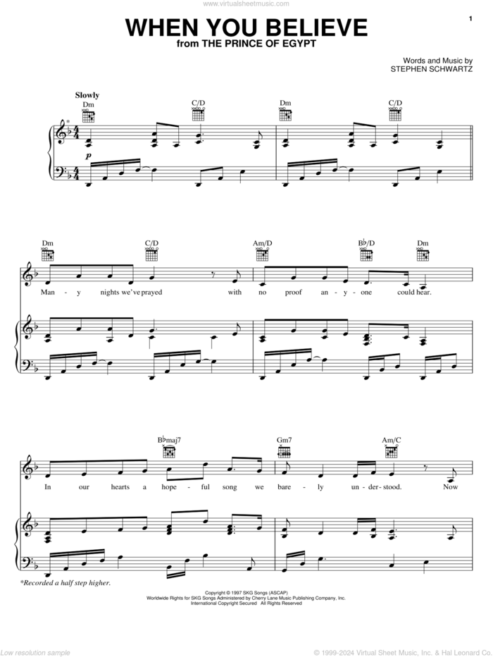When You Believe [Solo version] (from The Prince Of Egypt) sheet music for voice, piano or guitar by Whitney Houston and Mariah Carey and Stephen Schwartz, intermediate skill level