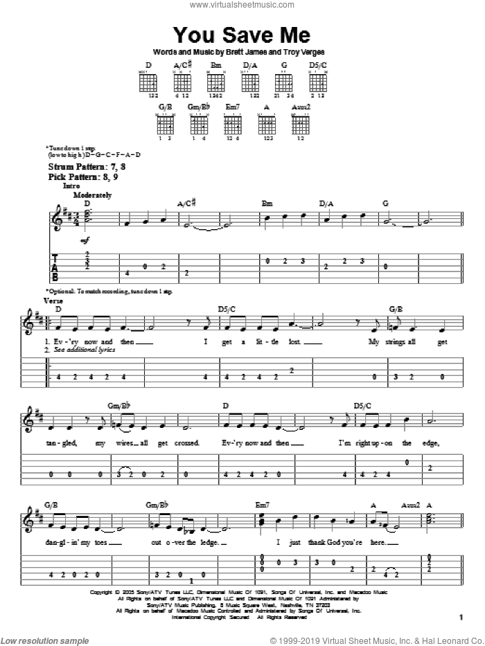 You Save Me sheet music for guitar solo (easy tablature) by Kenny Chesney, Brett James and Troy Verges, easy guitar (easy tablature)