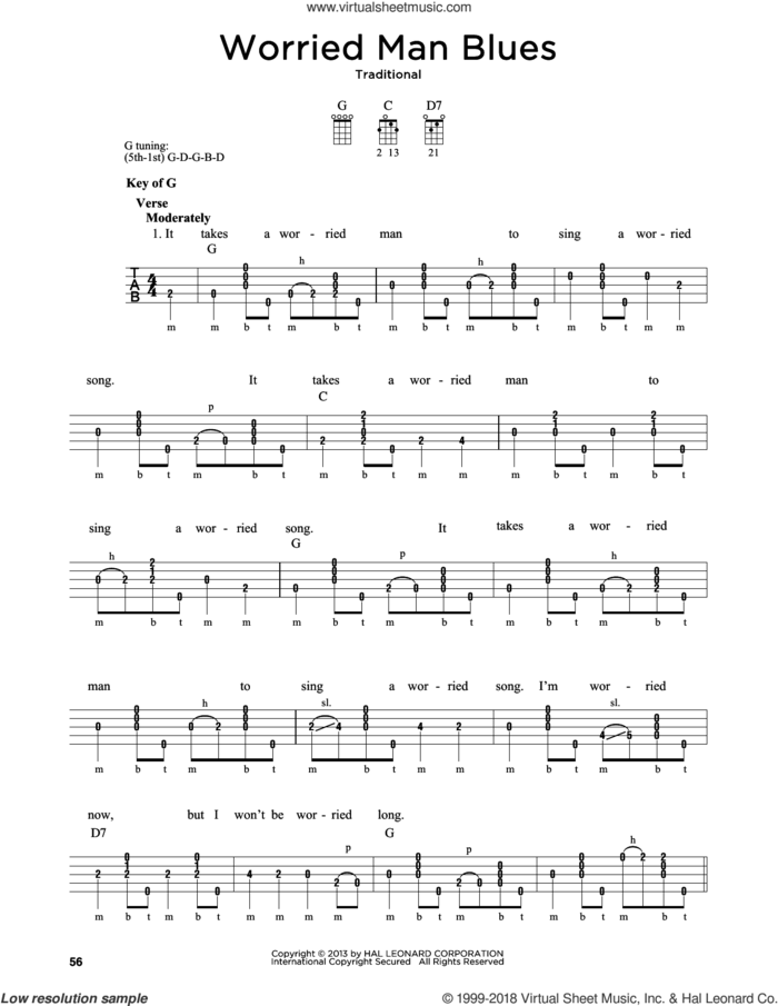 Worried Man Blues sheet music for banjo solo by Greg Cahill and Michael J. Miles, intermediate skill level
