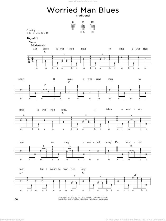 Worried Man Blues sheet music for banjo solo by Greg Cahill and Michael J. Miles, intermediate skill level