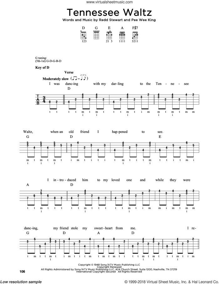 Tennessee Waltz sheet music for banjo solo by Pee Wee King, Greg Cahill, Michael J. Miles, Patti Page, Patty Page and Redd Stewart, intermediate skill level