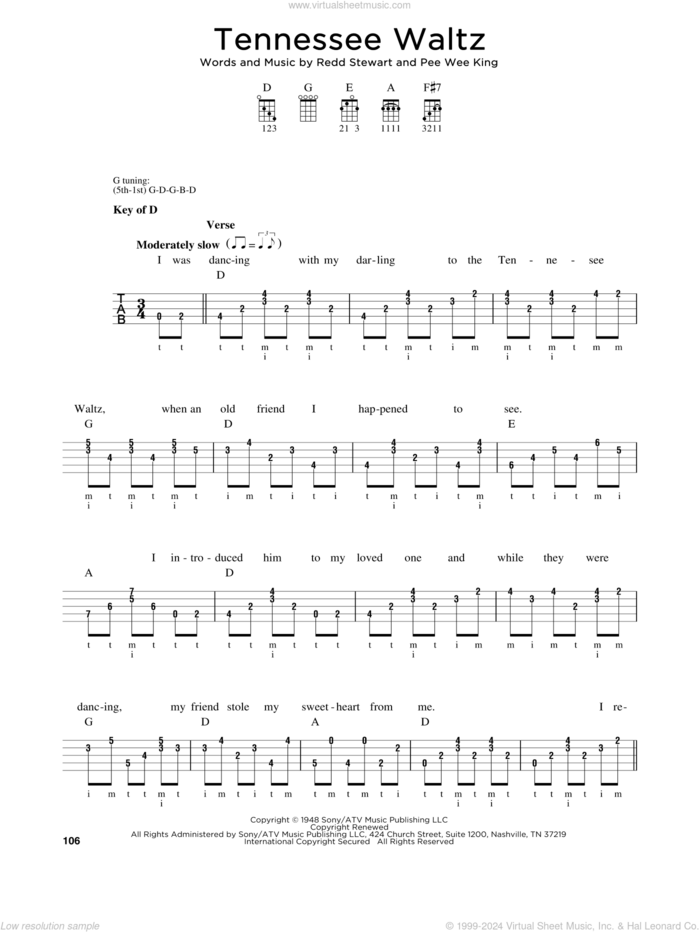 Tennessee Waltz sheet music for banjo solo by Pee Wee King, Greg Cahill, Michael J. Miles, Patti Page, Patty Page and Redd Stewart, intermediate skill level