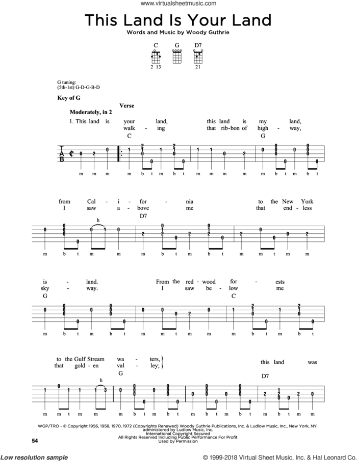 This Land Is Your Land sheet music for banjo solo by Woody Guthrie, Greg Cahill, Michael J. Miles, New Christy Minstrels, Peter, Paul & Mary and Woody & Arlo Guthrie, intermediate skill level