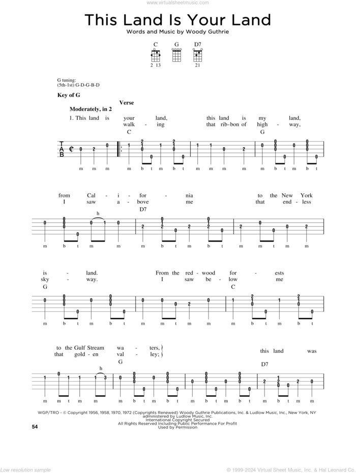 This Land Is Your Land sheet music for banjo solo by Woody Guthrie, Greg Cahill, Michael J. Miles, New Christy Minstrels, Peter, Paul & Mary and Woody & Arlo Guthrie, intermediate skill level