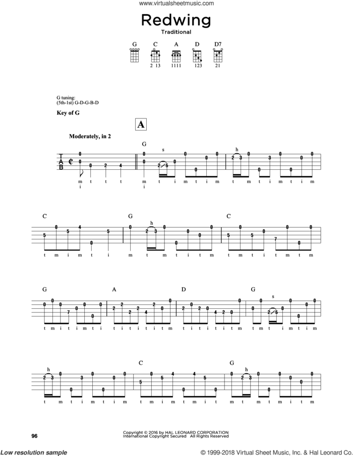 Redwing sheet music for banjo solo by Greg Cahill and Michael J. Miles, intermediate skill level