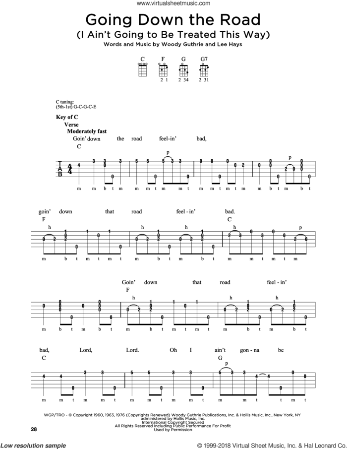 Going Down The Road (I Ain't Going To Be Treated This Way) sheet music for banjo solo by Woody Guthrie, Greg Cahill, Michael J. Miles and Lee Hays, intermediate skill level