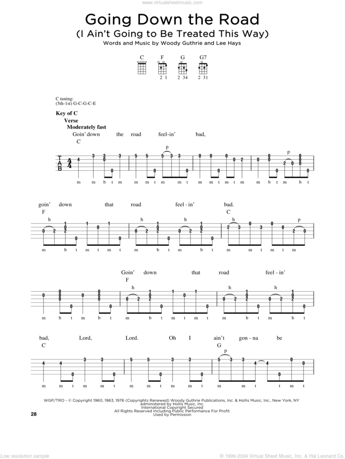 Going Down The Road (I Ain't Going To Be Treated This Way) sheet music for banjo solo by Woody Guthrie, Greg Cahill, Michael J. Miles and Lee Hays, intermediate skill level