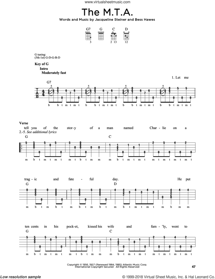 The M.T.A. sheet music for banjo solo by Greg Cahill, Michael J. Miles, The Kingston Trio, Bess Hawes and Jacqueline Steiner, intermediate skill level