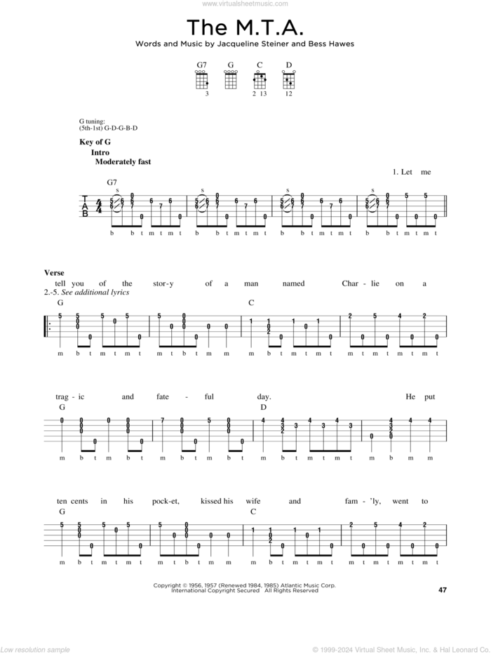 The M.T.A. sheet music for banjo solo by Greg Cahill, Michael J. Miles, The Kingston Trio, Bess Hawes and Jacqueline Steiner, intermediate skill level