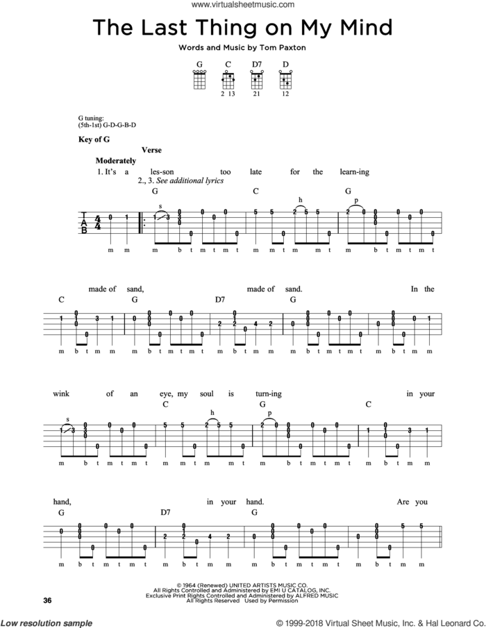The Last Thing On My Mind sheet music for banjo solo by Tom Paxton, Greg Cahill and Michael J. Miles, intermediate skill level