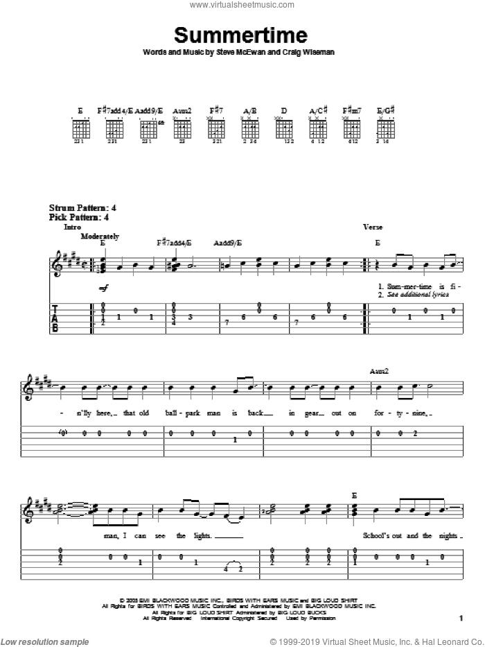 Summertime sheet music for guitar solo (easy tablature) by Kenny Chesney, Craig Wiseman and Steve McEwan, easy guitar (easy tablature)