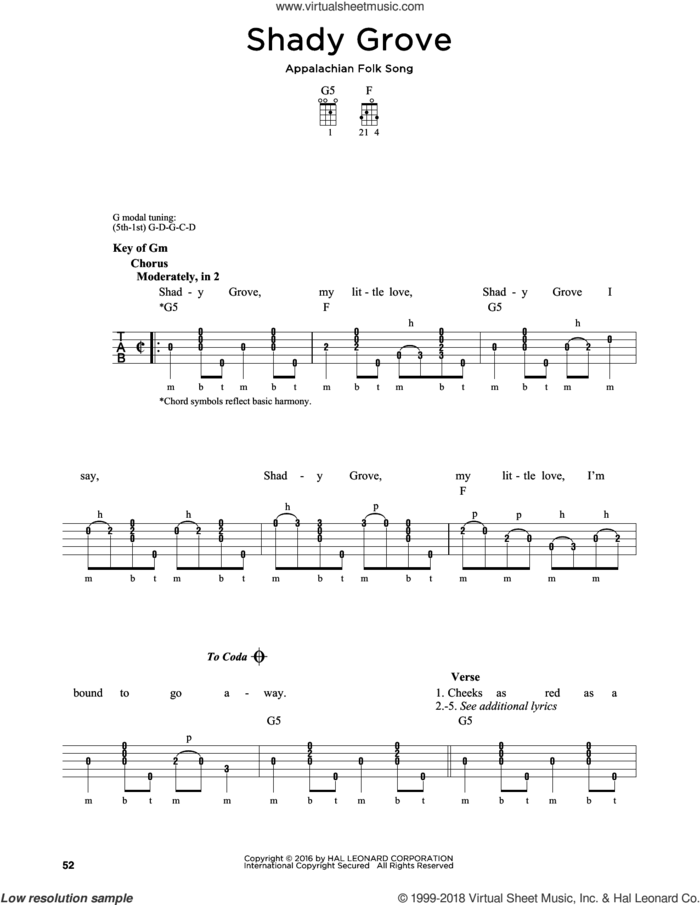 Shady Grove sheet music for banjo solo by Appalachian Folk Song, Greg Cahill and Michael J. Miles, intermediate skill level