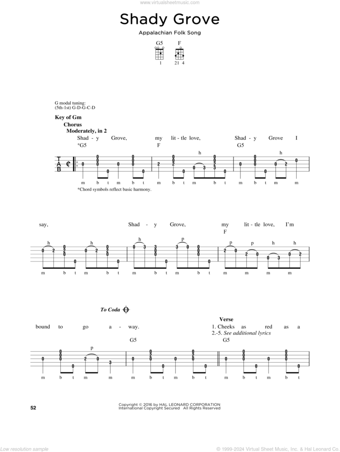 Shady Grove sheet music for banjo solo by Appalachian Folk Song, Greg Cahill and Michael J. Miles, intermediate skill level