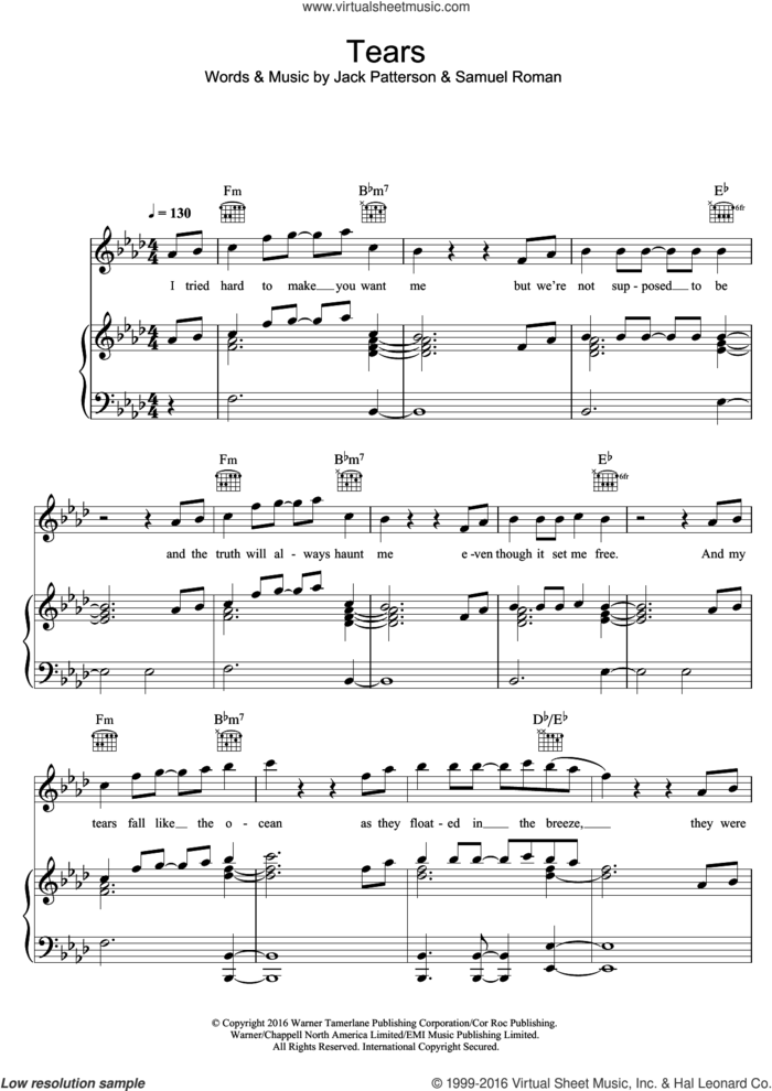 Tears (featuring Louisa Johnson) sheet music for voice, piano or guitar by Clean Bandit, Clean Bandit feat. Louisa Johnson, Louis Johnson, Jack Patterson and Samuel Roman, intermediate skill level