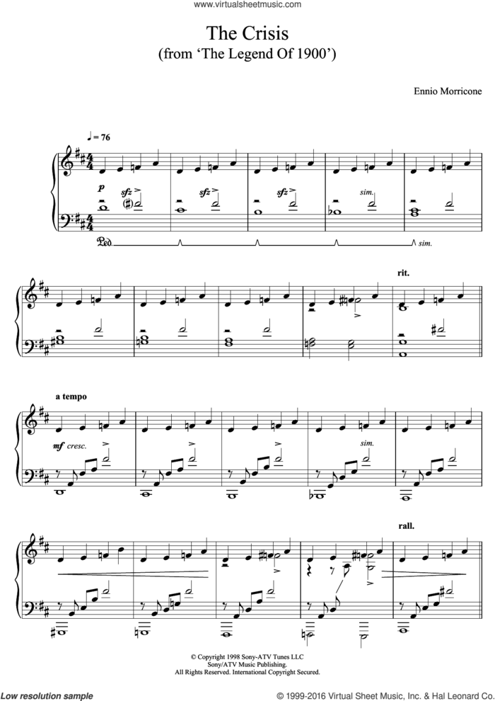 The Crisis (From 'The Legend Of 1900') sheet music for piano solo by Ennio Morricone, classical score, intermediate skill level