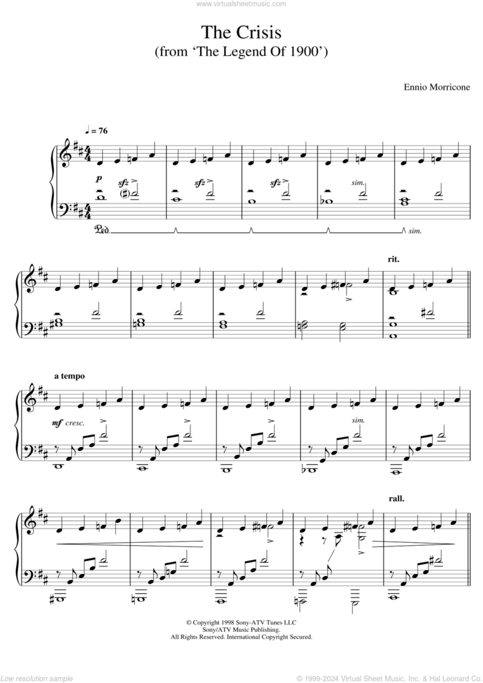 The Crisis (From 'The Legend Of 1900') sheet music for piano solo by Ennio Morricone, classical score, intermediate skill level