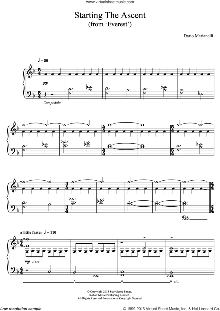 Starting The Ascent (From 'Everest') sheet music for piano solo by Dario Marianelli, classical score, intermediate skill level