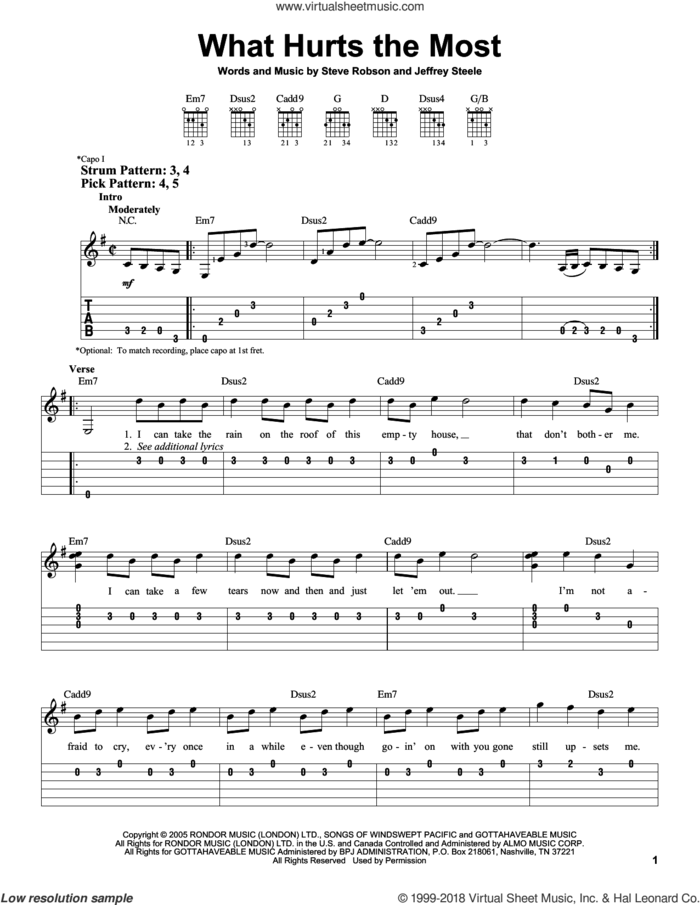 What Hurts The Most sheet music for guitar solo (easy tablature) by Rascal Flatts, Jeffrey Steele and Steve Robson, easy guitar (easy tablature)