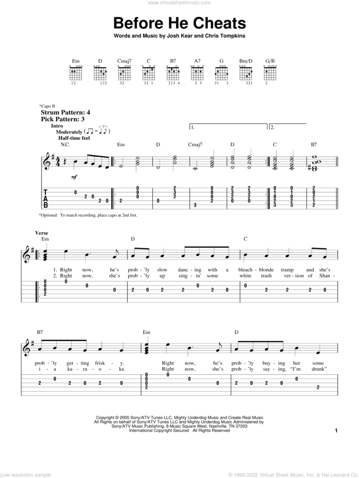 Before He Cheats sheet music for guitar solo (easy tablature) by Carrie Underwood, Chris Tompkins and Josh Kear, easy guitar (easy tablature)